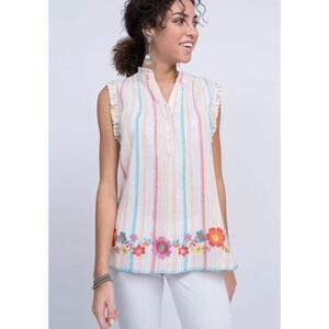 Ivy Jane Fresh Air Stripe Floral Embroidered Ruffle Metallic Beachy Top Womens L
